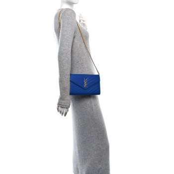 SAINT LAURENT Grain De Poudre Matelasse Chevron Monogram Chain Wallet Blue Majorelle