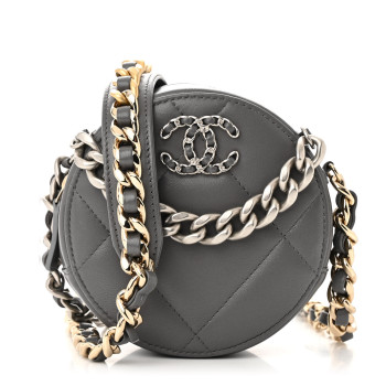 CHANEL Lambskin Quilted Chanel 19 Round Clutch With Chain Grey