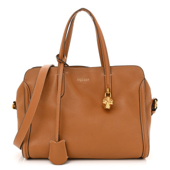ALEXANDER MCQUEEN Pebbled Calfskin Small Skull Padlock Zip Around Tote Cognac