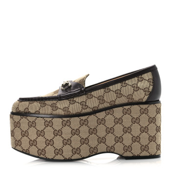 GUCCI Canvas GG Monogram Horsebit Calfskin Womens Horsebit Platform Loafers 39.5 Beige Ebony Cocoa