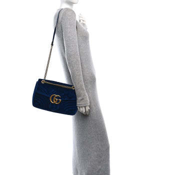 GUCCI Velvet Matelasse Medium GG Marmont Shoulder Bag Cobalt Blue