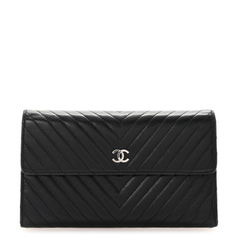 CHANEL Lambskin Chevron Quilted Large Flap Clutch Wallet Black
