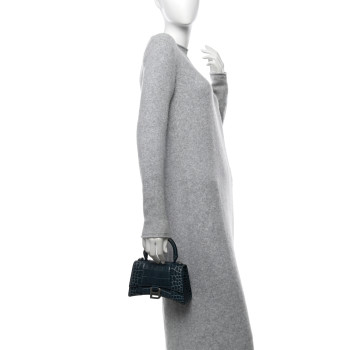 BALENCIAGA Shiny Calfskin Crocodile Embossed Hourglass Top Handle Bag XS Denim Blue