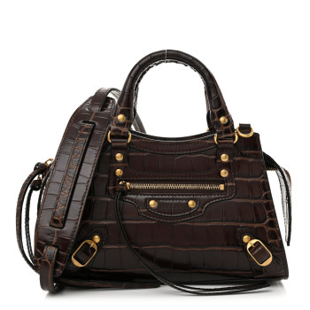 BALENCIAGA Semi Shiny Calfskin Crocodile Embossed Neo Classic Gold Hardware Mini City Dark Brown