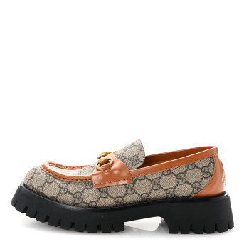 GUCCI GG Supreme Monogram Cordovan Lux Womens Harald Horsebit 25mm Platform Loafers 39.5 Beige Ebony