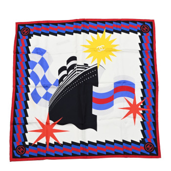 CHANEL Silk CC Cruise Print Square Scarf Blue White Red