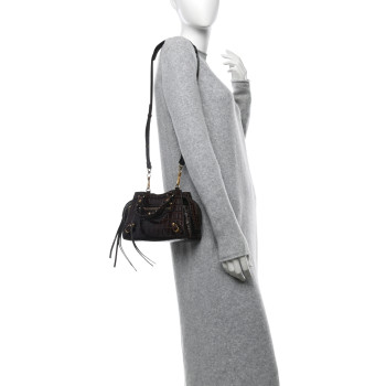 BALENCIAGA Semi Shiny Calfskin Crocodile Embossed Neo Classic Gold Hardware Mini City Dark Brown