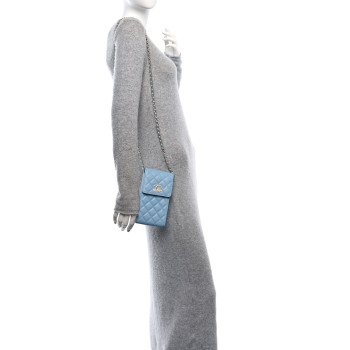 CHANEL Caviar Quilted Crystal CC Phone Case With Chain Light Blue