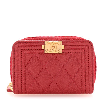 CHANEL Caviar Quilted Boy Zip Around Coin Purse Wallet Red