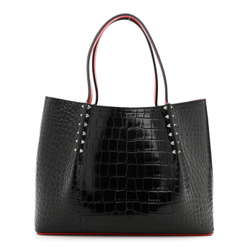 CHRISTIAN LOUBOUTIN Crocodile Embossed Calfskin Spiked Small Cabarock Shopper Tote Black