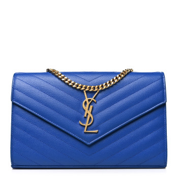 SAINT LAURENT Grain De Poudre Matelasse Chevron Monogram Chain Wallet Blue Majorelle