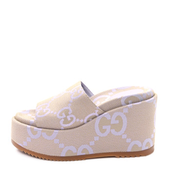 GUCCI Monogram Jumbo GG Platform Slide Wedge Sandals 39.5 Beige Lapis