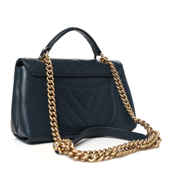 CHANEL Sheepskin Chevron Stitched Chain Top Handle Flap Blue