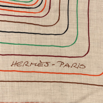HERMES Cashmere Silk Pegase Paysage Shawl 140 Naturel Vert Orange