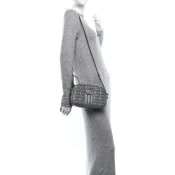 GUCCI Calfskin Matelasse Aria Small GG Marmont Chain Shoulder Bag Deep Grey