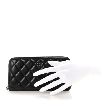 CHANEL Lambskin Quilted Large Gusset Zip Around Wallet Black