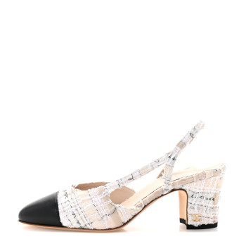 CHANEL Tweed Lambskin Cap Toe CC Logo Slingback Pumps 35 Beige Ecru Black