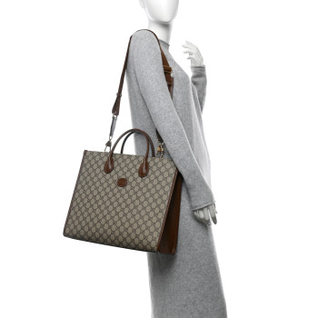 GUCCI GG Supreme Monogram Azalea Calfskin Medium Retro Interlocking G Tote Bag Beige Ebony Brown Sugar