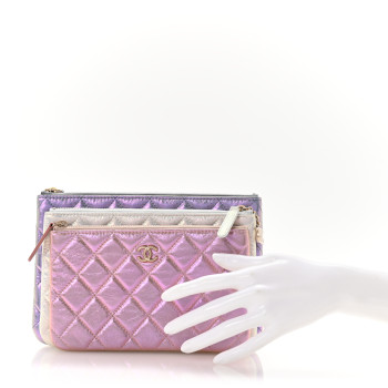CHANEL Iridescent Crumpled Calfskin Trio Cosmetic Case Blue Pink Ivory