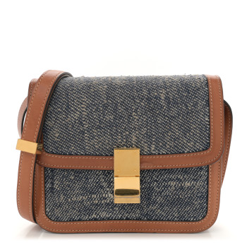 CELINE Textile Natural Calfskin Teen Classic Box Flap Bag Navy Tan