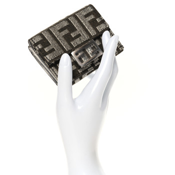 FENDI Fabric Jacquard FF 1974 Micro Trifold Baguette Wallet Ebano Argento