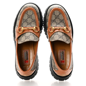 GUCCI GG Supreme Monogram Cordovan Lux Womens Harald Horsebit 25mm Platform Loafers 39.5 Beige Ebony
