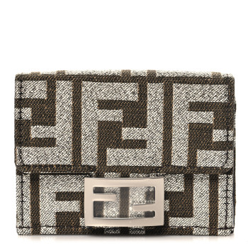 FENDI Fabric Jacquard FF 1974 Micro Trifold Baguette Wallet Ebano Argento