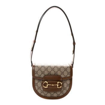 GUCCI GG Supreme Monogram Mini Horsebit 1955 Rounded Shoulder Bag Beige Brown Sugar