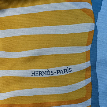 HERMES Silk Charmes Des Plages Normandes Scarf Stole Bleu Gold Coral