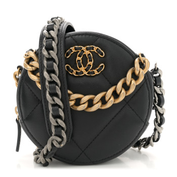 CHANEL Lambskin Quilted Chanel 19 Round Clutch With Chain Black