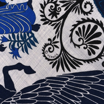 HERMES Cashmere Silk Sous Le Charme d'Orphee Shawl 140 Gris Chine Bleu Electrique