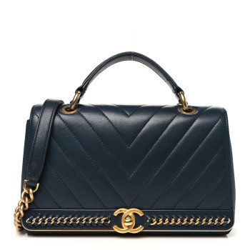 CHANEL Sheepskin Chevron Stitched Chain Top Handle Flap Blue