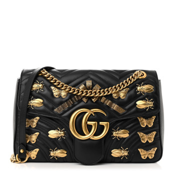 GUCCI Calfskin Matelasse Animal Studs Medium GG Marmont Shoulder Bag Black