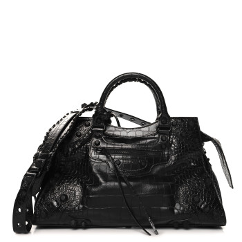 BALENCIAGA Semi Shiny Calfskin Crocodile Embossed Neo Cagole Black Hardware City Handbag Black