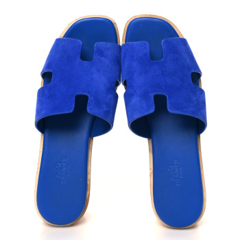 HERMES Suede Goatskin Cork Eze 30 Sandals 38 Bleu Ocean