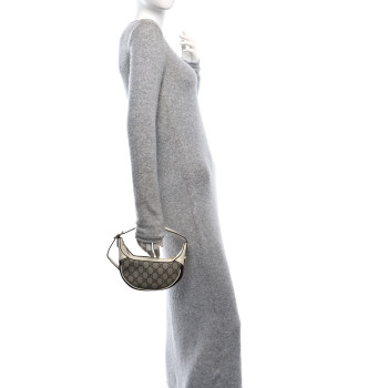 GUCCI GG Supreme Monogram Textured Dollar Calfskin Web Mini Ophidia Half Moon Hobo Beige Ebony Mystic White