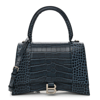 BALENCIAGA Shiny Calfskin Crocodile Embossed Medium Hourglass Top Handle Bag Denim Blue