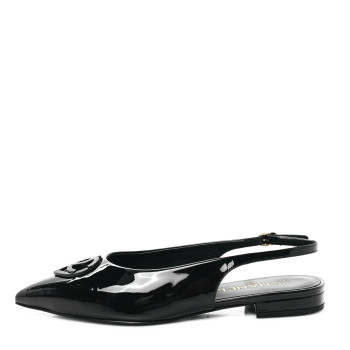 CHANEL Patent Heart CC Slingback Flats 37.5 Black