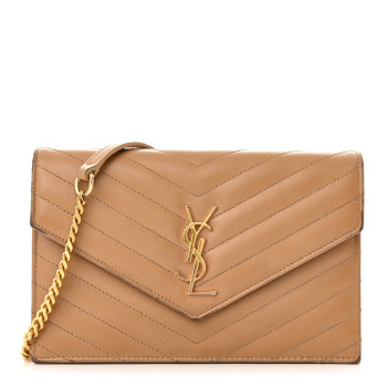 SAINT LAURENT Grain De Poudre Matelasse Chevron Monogram Envelope Chain Wallet Dark Beige