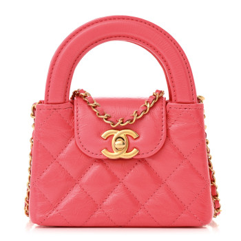 CHANEL Shiny Aged Calfskin Quilted Mini Nano Kelly Shopper Dark Pink