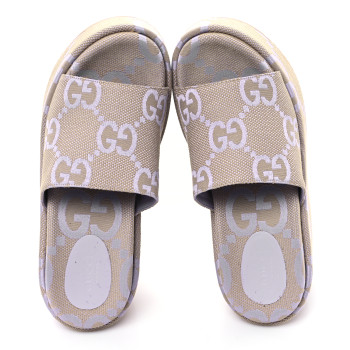 GUCCI Monogram Jumbo GG Platform Slide Wedge Sandals 39.5 Beige Lapis