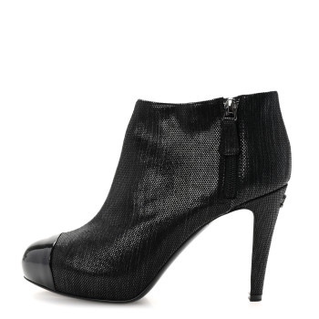 CHANEL Metallic Tweed Patent Cap Toe CC Ankle Booties 38 Black