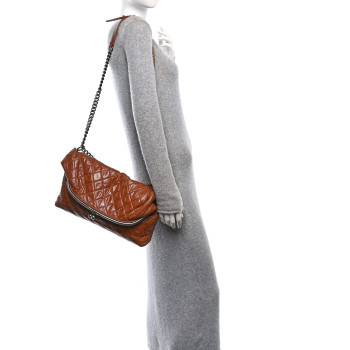 CHANEL Glazed Calfskin Quilted Foldover Kiss Lock Shoulder Bag Brown
