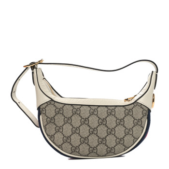 GUCCI GG Supreme Monogram Textured Dollar Calfskin Web Mini Ophidia Half Moon Hobo Beige Ebony Mystic White
