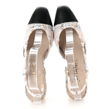 CHANEL Tweed Lambskin Cap Toe CC Logo Slingback Pumps 35 Beige Ecru Black
