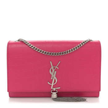 SAINT LAURENT Calfskin Crocodile Embossed Medium Classic Monogram Kate Tassel Satchel Fuchsia