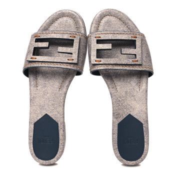 FENDI Vitello Pelle Stampa Denim Baguette Flat Slide Sandals 36 Azzurro