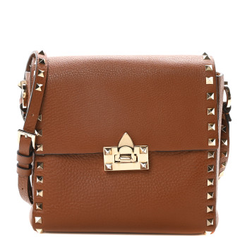 VALENTINO GARAVANI Pebbled Calfskin Rockstud Flip Lock Flap Messenger Saddle Brown