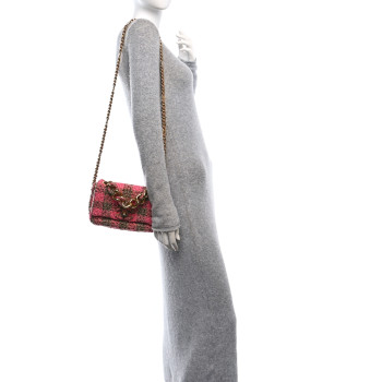 CHANEL Wool Tweed Quilted Small Elegant Chain Flap Pink Brown