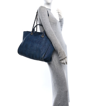 CHANEL Mixed Fibers Striped Medium Deauville Tote Navy Blue
